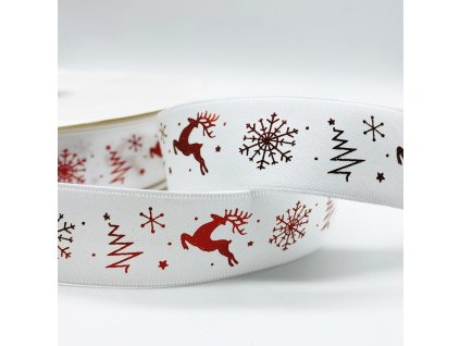 Vanocni stuha bíla s cerveným potiskem jelen
