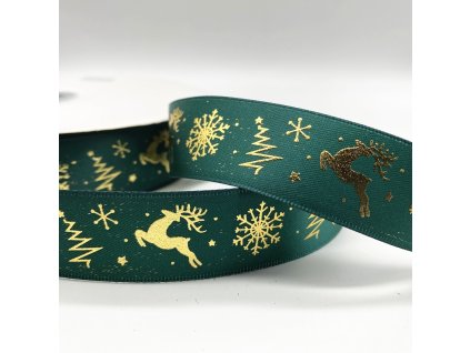 Vánoční stuha zelená se zeleným potiskem (jelen)