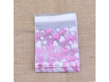 Celofánové sáčky s lepící klopou motiv srdíček růžových transparentní 10x10cm