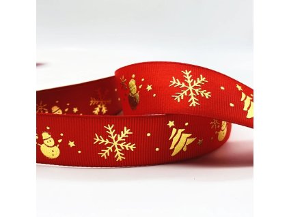Stuha s potiskem (červená se zlatým vánočním motivem 4,5m)