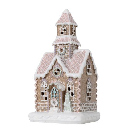 DOMČEK PERNÍK LED POLYRES 13x11x25CM RUŽOVÝ