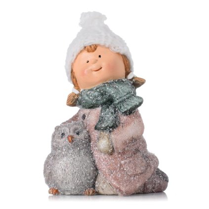 DIEVČA RUŽ. KABÁTIK SO SIV SOVIČKOU GLIT. POLY 9*7*12CM