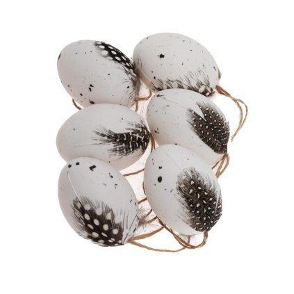 ZÁVES VAJCE S PERÍM PLAST S/6 6CM BIELY