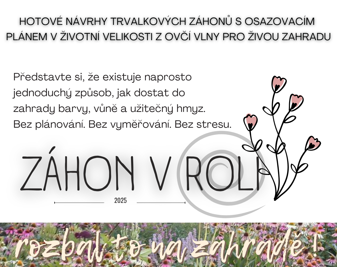 hotový návrh trvalkového záhonu s osazovacím plánem v životním velikosti. Snadné a jednoduché vytvoření bohatě kvetoucího záhonu