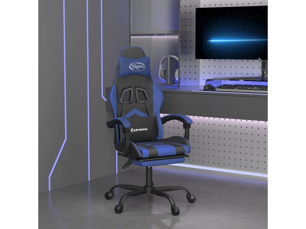 Herní židle s podnožkou černá a modrá umělá kůže