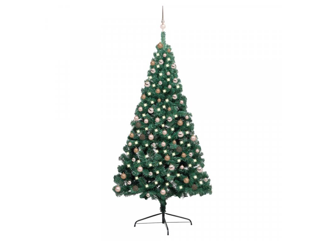 Umělý vánoční půl stromek s LED a sadou koulí zelený 210 cm
