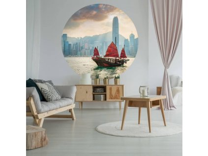 WallArt Kruhová tapeta Skyline with Junk Boat 142,5 cm