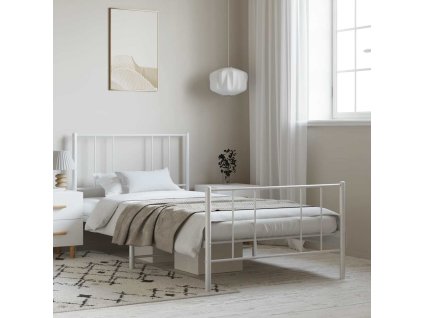Kovový rám postele s hlavovým a nožním čelem bílý 100 x 190 cm 352541