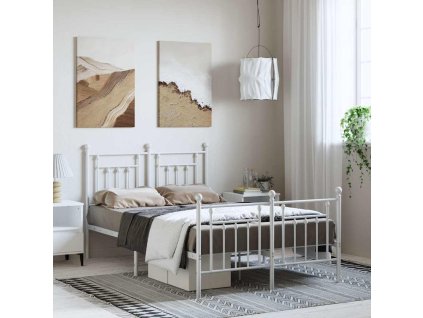 Kovový rám postele s hlavovým a nožním čelem bílý 135 x 190 cm 353603