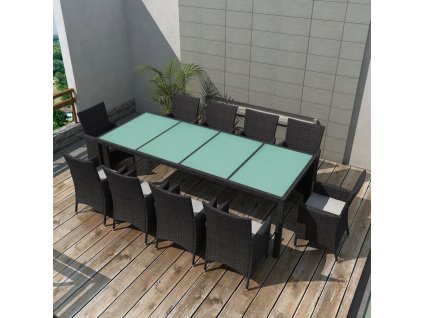 11dílný zahradní jídelní set s poduškami polyratan černý 42570