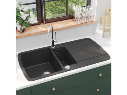 Kuchyňský dřez dvojitý žulový černý 142946