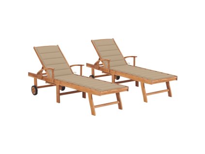 Zahradní lehátka 2 ks s béžovou poduškou masivní teak 3073189