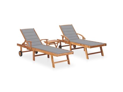 Zahradní lehátka 2 ks se stolkem a poduškou masivní teak 3073172