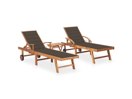 Zahradní lehátka 2 ks se stolkem a poduškou masivní teak 3073179