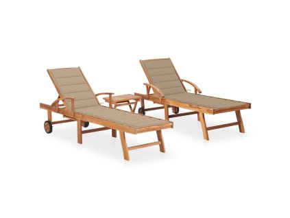 Zahradní lehátka 2 ks se stolkem a poduškou masivní teak 3073174