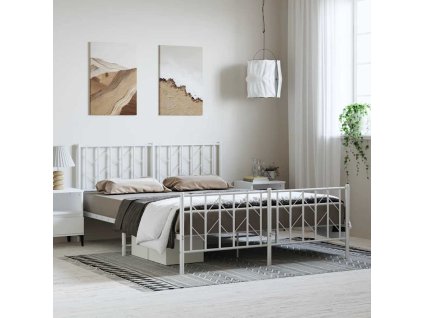 Kovový rám postele s hlavovým a nožním čelem bílý 193 x 203 cm 374510