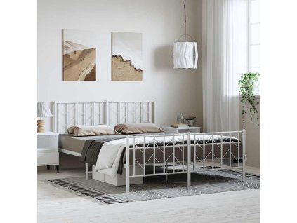 Kovový rám postele s hlavovým a nožním čelem bílý 150 x 200 cm 374506