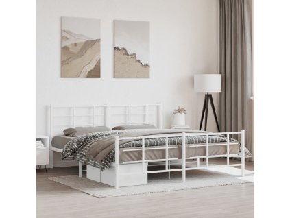 Kovový rám postele s hlavovým a nožním čelem bílý 183 x 213 cm 355633