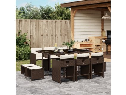 11dílný zahradní jídelní set s poduškami hnědý polyratan 3211149