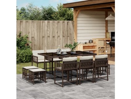 11dílný zahradní jídelní set s poduškami hnědý polyratan 3211509