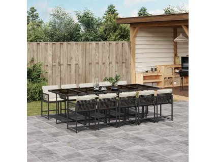 11dílný zahradní jídelní set s poduškami černý polyratan 3211470