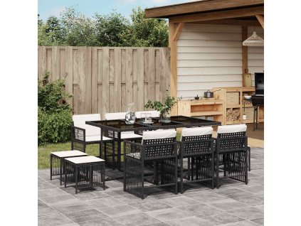 11dílný zahradní jídelní set s poduškami černý polyratan 3211686