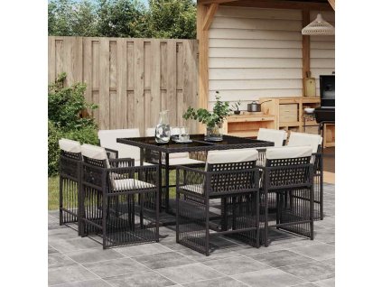9dílný zahradní jídelní set s poduškami černý polyratan 3211734