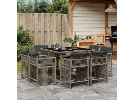 9dílný zahradní jídelní set s poduškami šedý polyratan 3211736