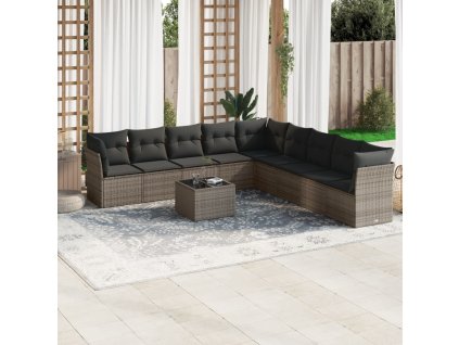 10dílná zahradní sedací souprava s poduškami šedá polyratan 3249629