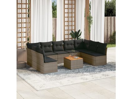 10dílná zahradní sedací souprava s poduškami šedá polyratan 3223792