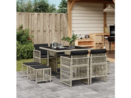 9dílný zahradní jídelní set s poduškami světle šedý polyratan 3210959