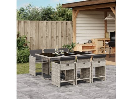 7dílný zahradní jídelní set s poduškami světle šedý polyratan 3211091