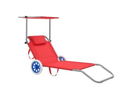 Skládací zahradní lehátko se stříškou a kolečky ocel červené 44324