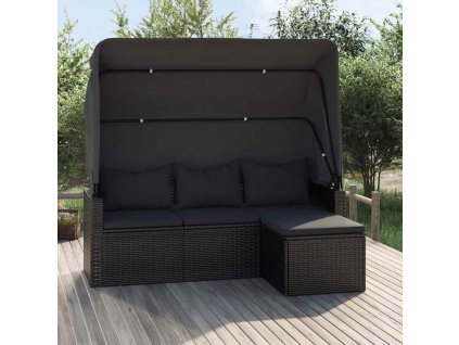 3místná zahradní pohovka se stříškou a podnožka černá polyratan 362334