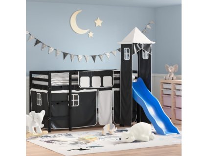 Dětská patrová postel s věží bílá a černá 80 x 200 cm borovice 3207069