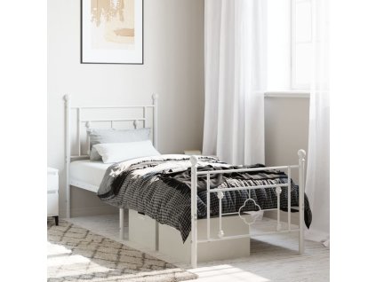 Kovový rám postele s hlavovým a nožním čelem bílý 75 x 190 cm 374396