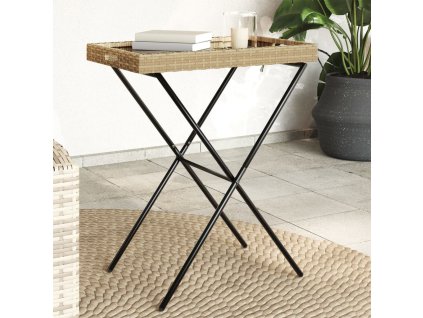 Skládací stůl s podnosem béžový 65 x 40 x 75 cm polyratan 365130