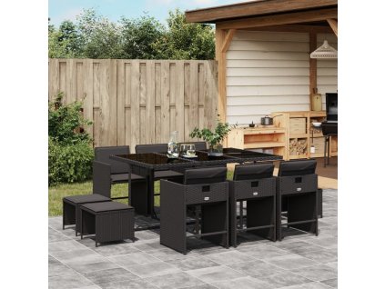 11dílný zahradní jídelní set s poduškami černý polyratan 3211147