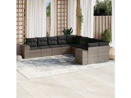 10dílná zahradní sedací souprava s poduškami šedá polyratan 3223109