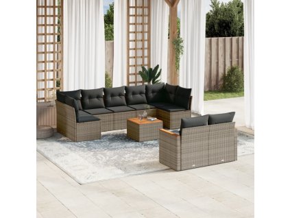 10dílná zahradní sedací souprava s poduškami šedá polyratan 3226298