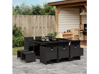 11dílný zahradní jídelní set s poduškami černý polyratan 3210607
