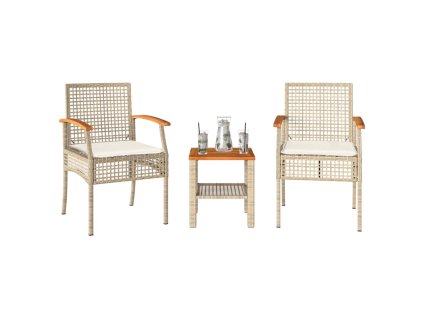 3dílný bistro set s poduškami béžový polyratan akáciové dřevo 366261