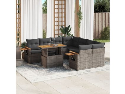 9dílná zahradní sedací souprava s poduškami šedá polyratan 3273447