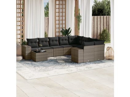 10dílná zahradní sedací souprava s poduškami šedá polyratan 3255397