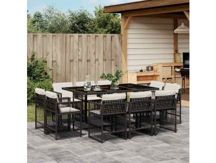 11dílný zahradní jídelní set s poduškami černý polyratan 3211746