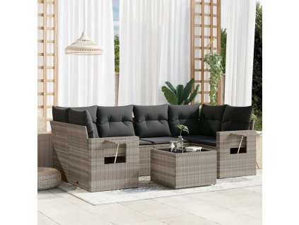 7dílná zahradní sedací souprava a podušky světle šedá polyratan 3219921