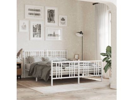 Kovový rám postele s hlavovým a nožním čelem bílý 150 x 200 cm 376393