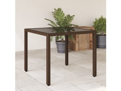 Zahradní stůl se skleněnou deskou hnědý 90x90x75 cm polyratan 365587