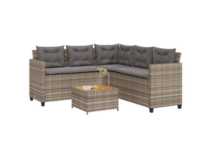 Zahradní pohovka ve tvaru L stolek a podušky šedá polyratan 369049