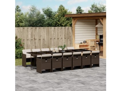 13dílný zahradní jídelní set s poduškami hnědý polyratan 3277712